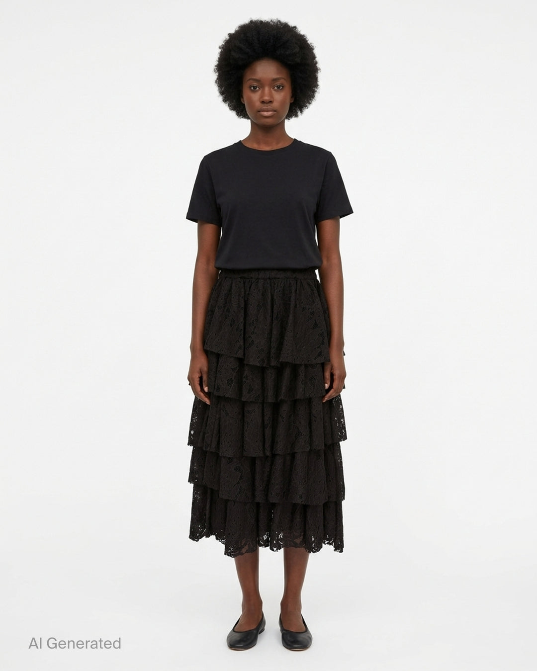 Black tiered floral lace midi skirt with an elasticated waist and scalloped hem by Comme des Garçons Black - front