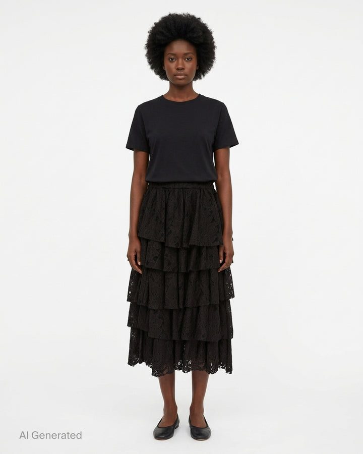 Black tiered floral lace midi skirt with an elasticated waist and scalloped hem by Comme des Garçons Black - front