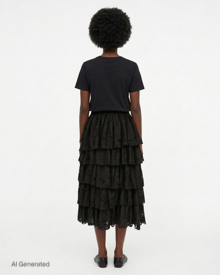 Black tiered floral lace midi skirt with an elasticated waist and scalloped hem by Comme des Garçons Black - back