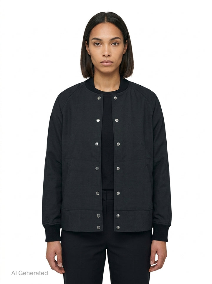Comme des Garçons BLACK wool-blend bomber jacket in black with silver snap-button closure, ribbed collar, cuffs and hem, and two hip welt pockets - front