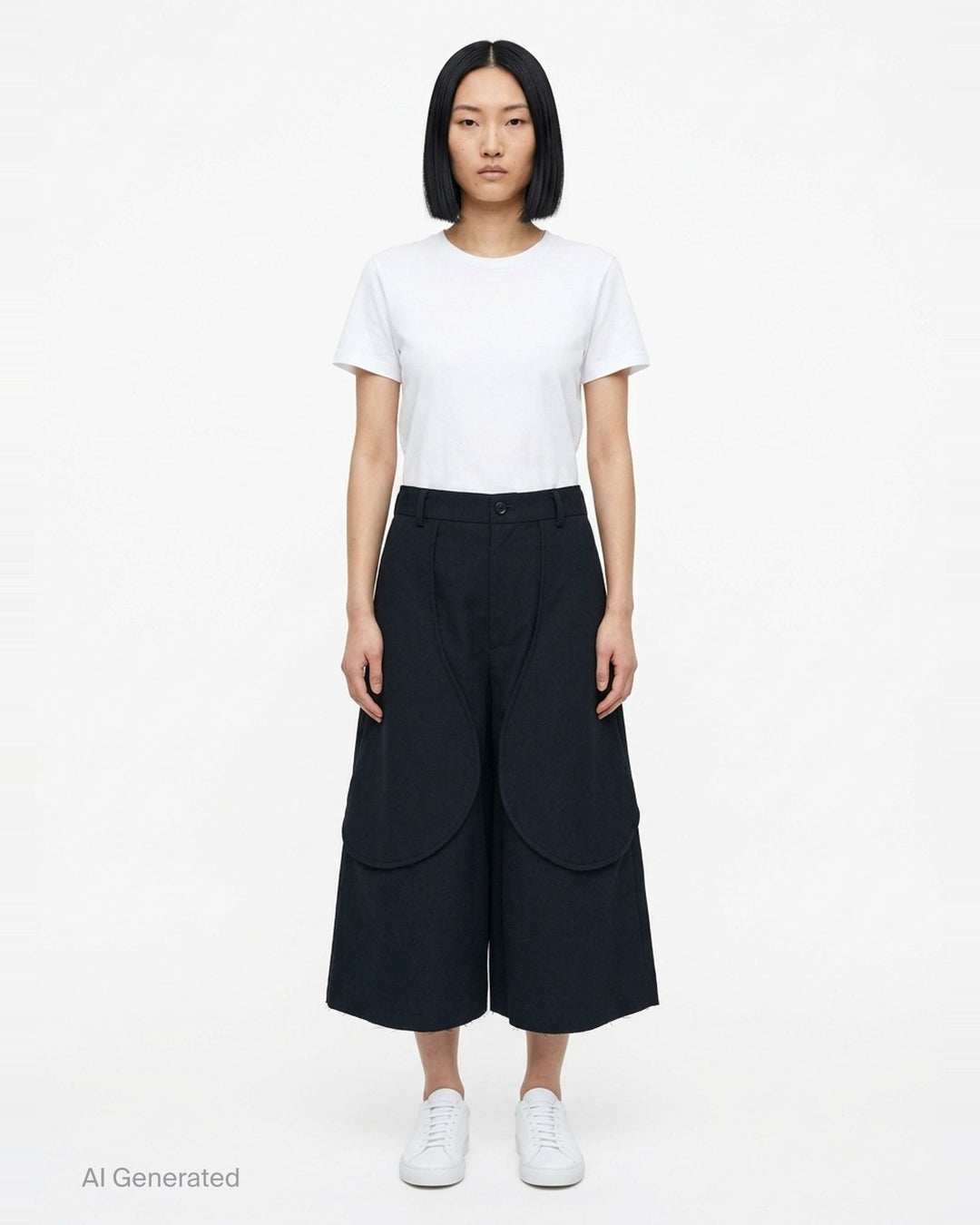 Comme des Garçons Black wool gabardine wide-leg shorts in black, featuring sculptural curved oversized patch pockets on the front panels and a high-rise tailored waistband with single button closure - front