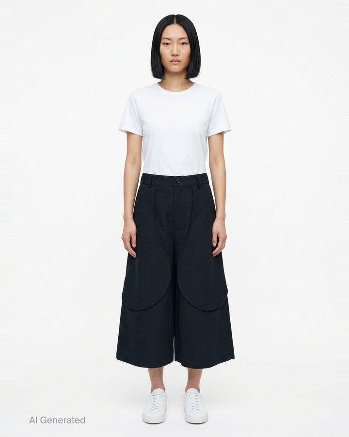 Comme des Garçons Black wool gabardine wide-leg shorts in black, featuring sculptural curved oversized patch pockets on the front panels and a high-rise tailored waistband with single button closure - front