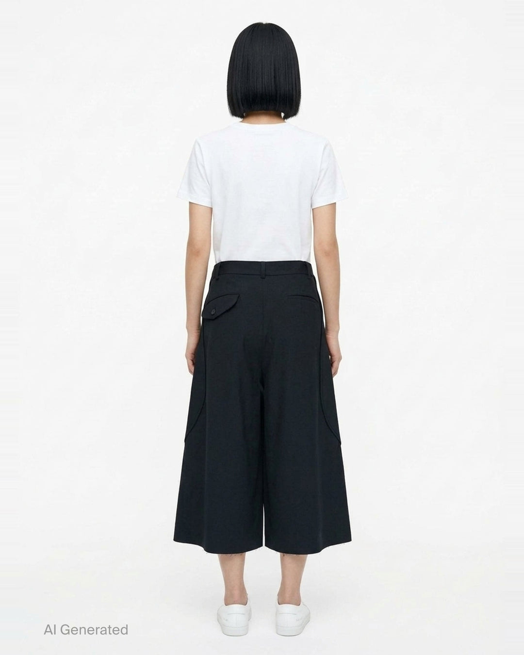 Comme des Garçons Black wool gabardine wide-leg shorts in black, featuring sculptural curved oversized patch pockets on the front panels and a high-rise tailored waistband with single button closure - back
