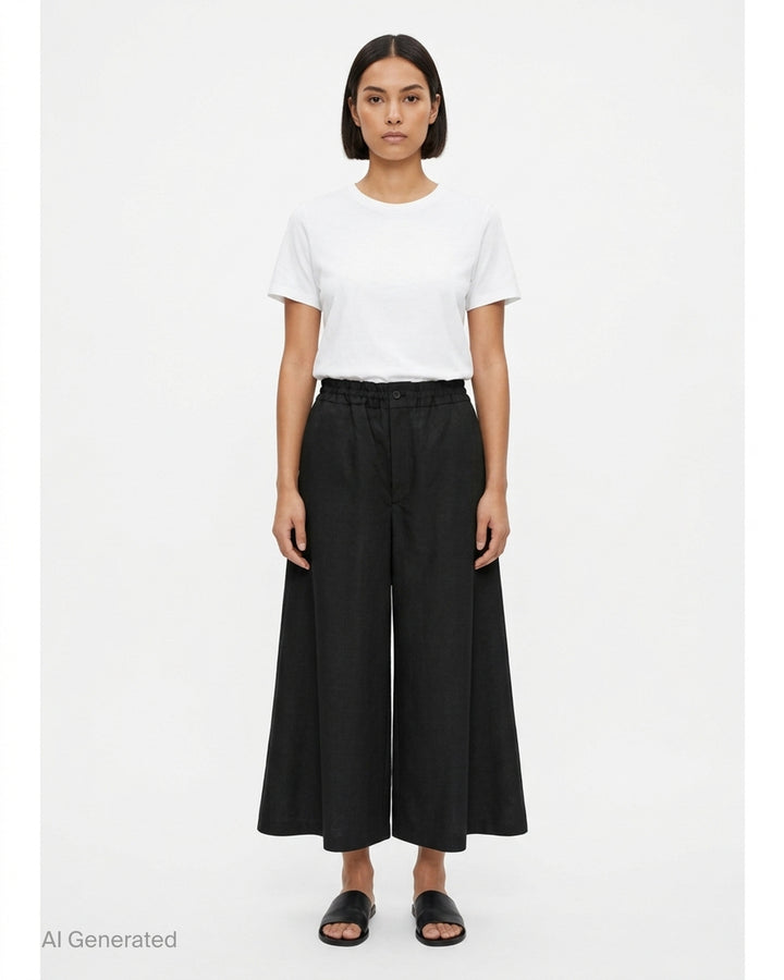 Comme des Garçons Black wide-leg cropped culottes in a polyester-wool glen check with a gathered elasticated waistband and button closure - front