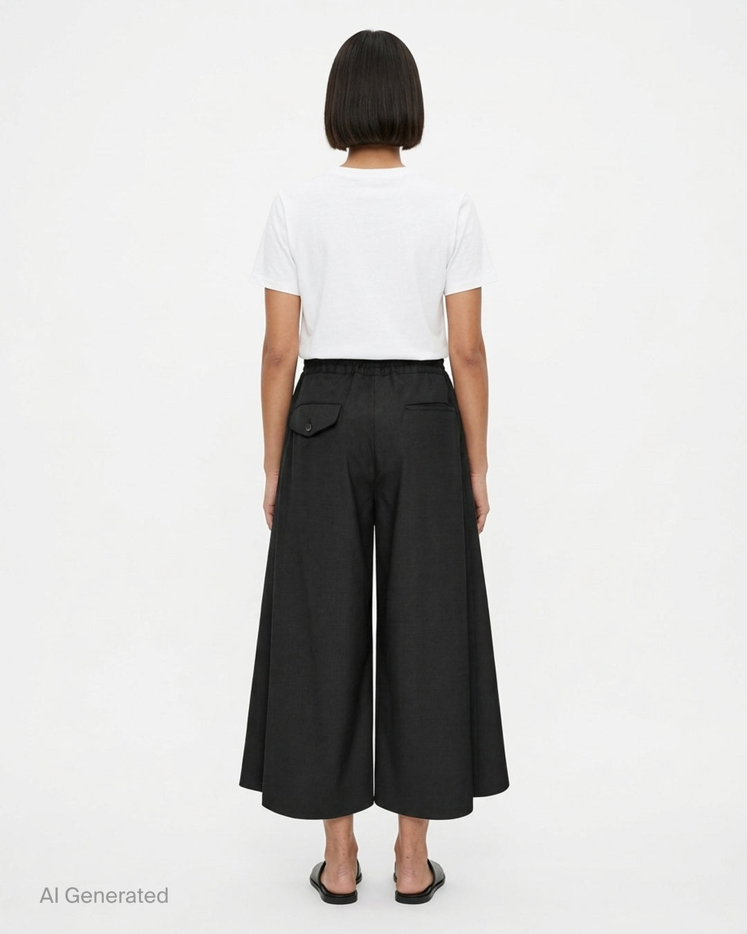 Comme des Garçons Black wide-leg cropped culottes in a polyester-wool glen check with a gathered elasticated waistband and button closure - back