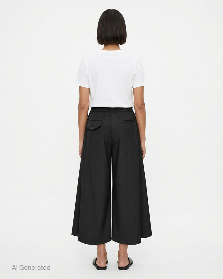 Comme des Garçons Black wide-leg cropped culottes in a polyester-wool glen check with a gathered elasticated waistband and button closure - back