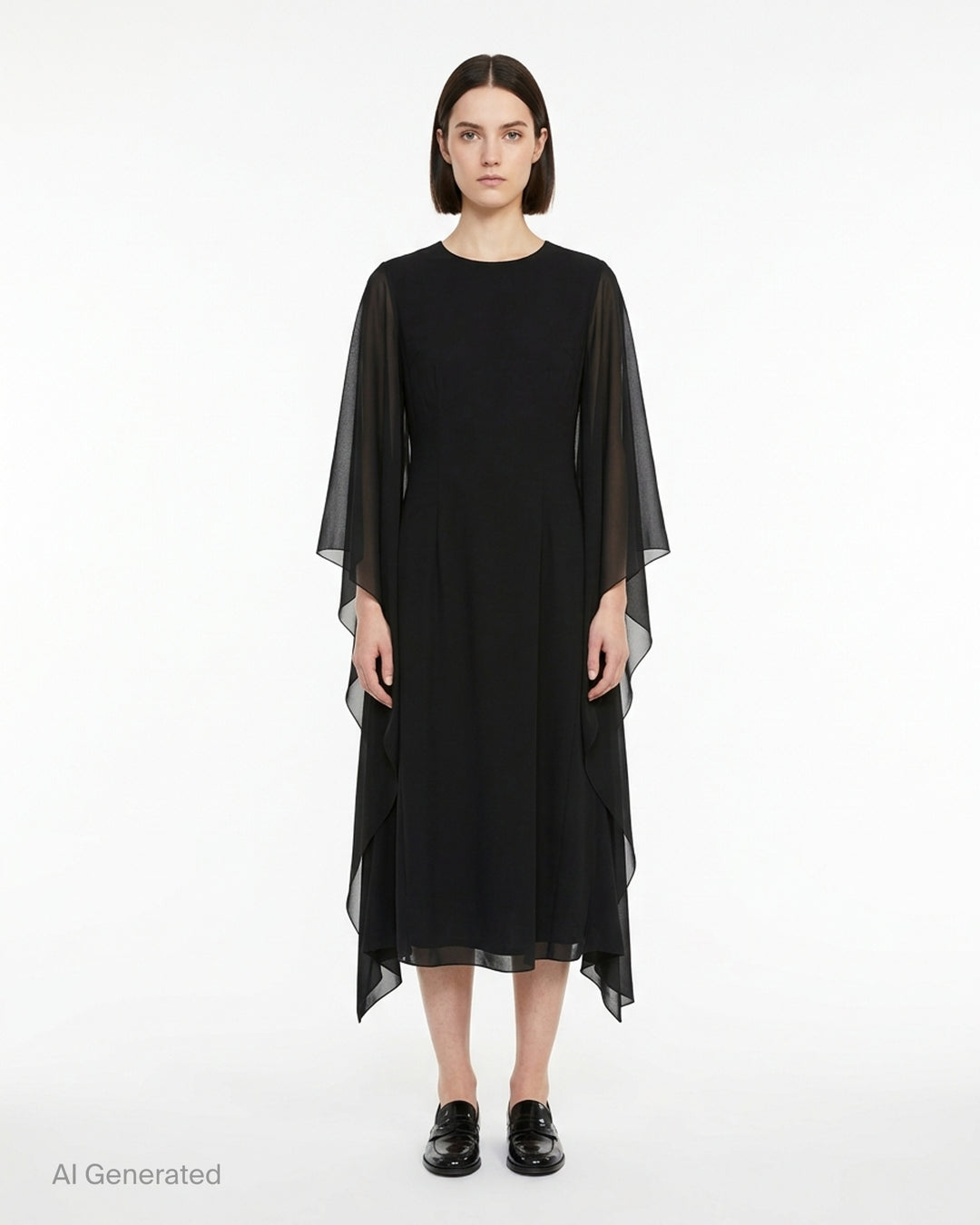 Comme des Garçons black georgette midi dress with sheer draped cape sleeves, round neckline and handkerchief-style hem - front