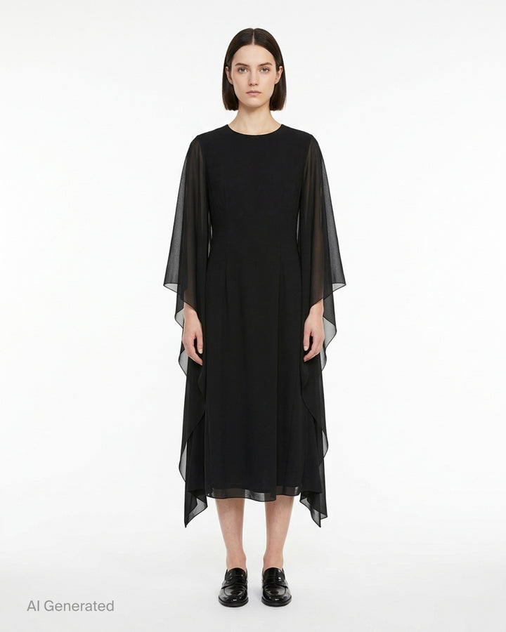 Comme des Garçons black georgette midi dress with sheer draped cape sleeves, round neckline and handkerchief-style hem - front