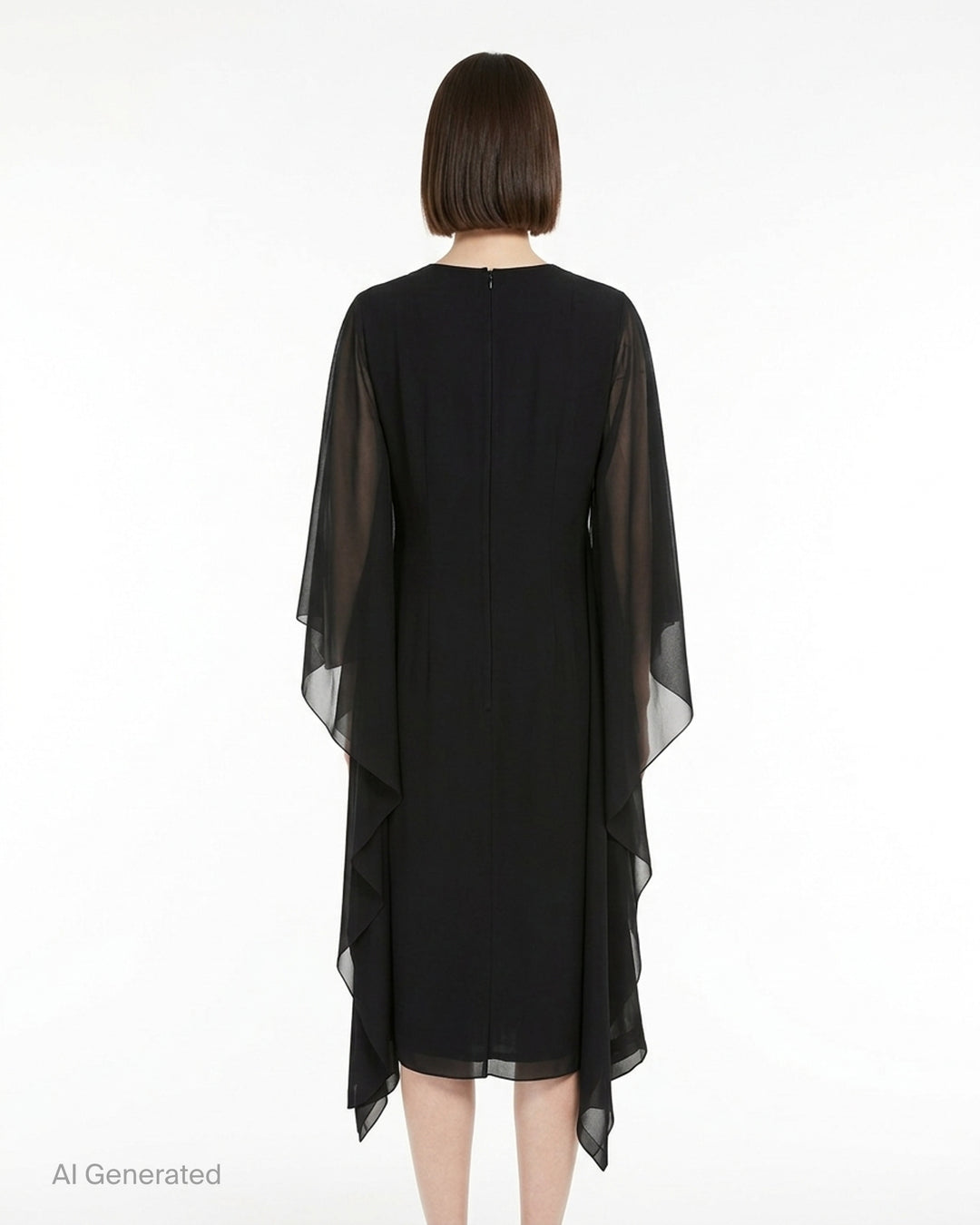 Comme des Garçons black georgette midi dress with sheer draped cape sleeves, round neckline and handkerchief-style hem - back