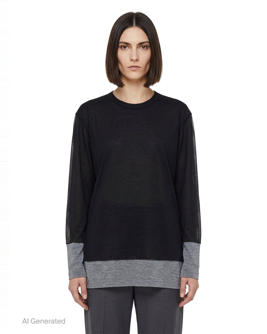 Comme des Garçons asymmetrical panelled oversize tee in black, featuring sheer chiffon flutter cape panels over an opaque jersey body, shown flat on white background - front