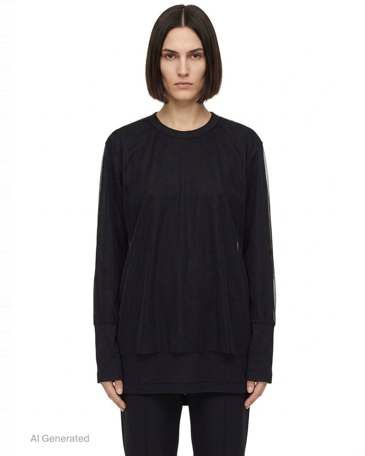 Comme des Garçons asymmetrical panelled oversize tee in black, featuring sheer chiffon flutter cape panels over an opaque jersey body, shown flat on white background - front