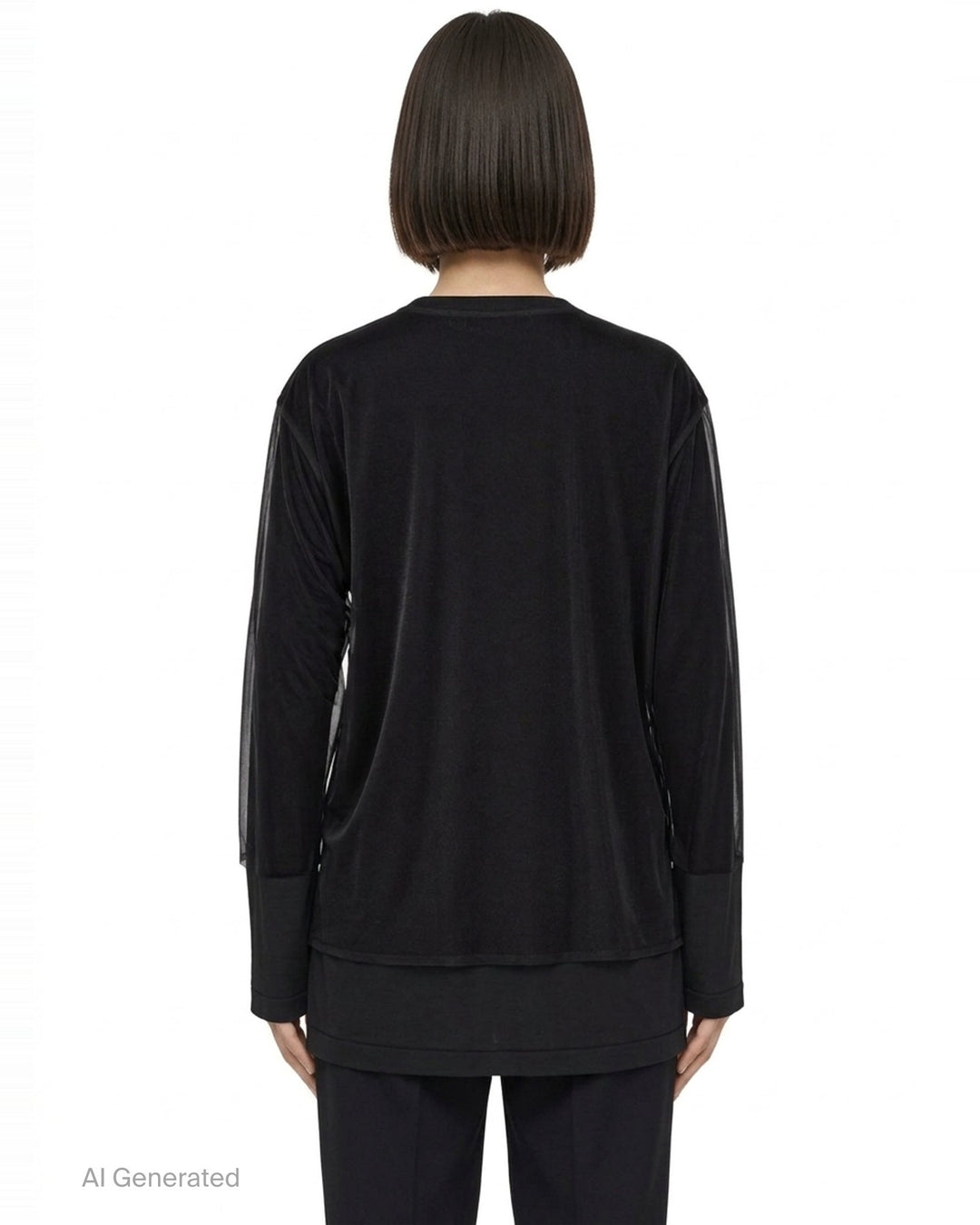 Comme des Garçons asymmetrical panelled oversize tee in black, featuring sheer chiffon flutter cape panels over an opaque jersey body, shown flat on white background - back