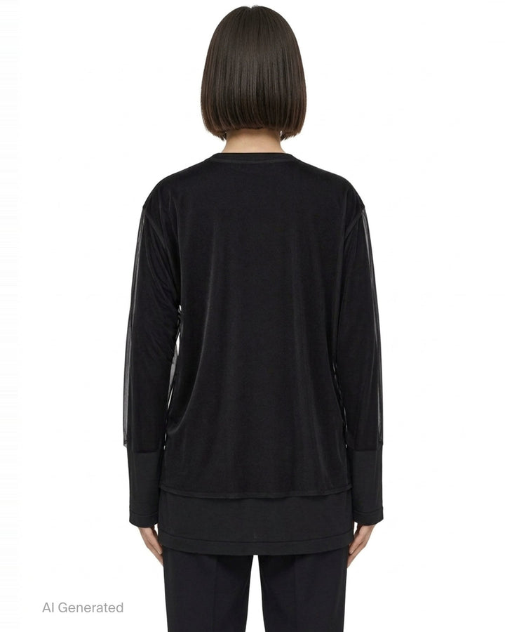 Comme des Garçons asymmetrical panelled oversize tee in black, featuring sheer chiffon flutter cape panels over an opaque jersey body, shown flat on white background - back