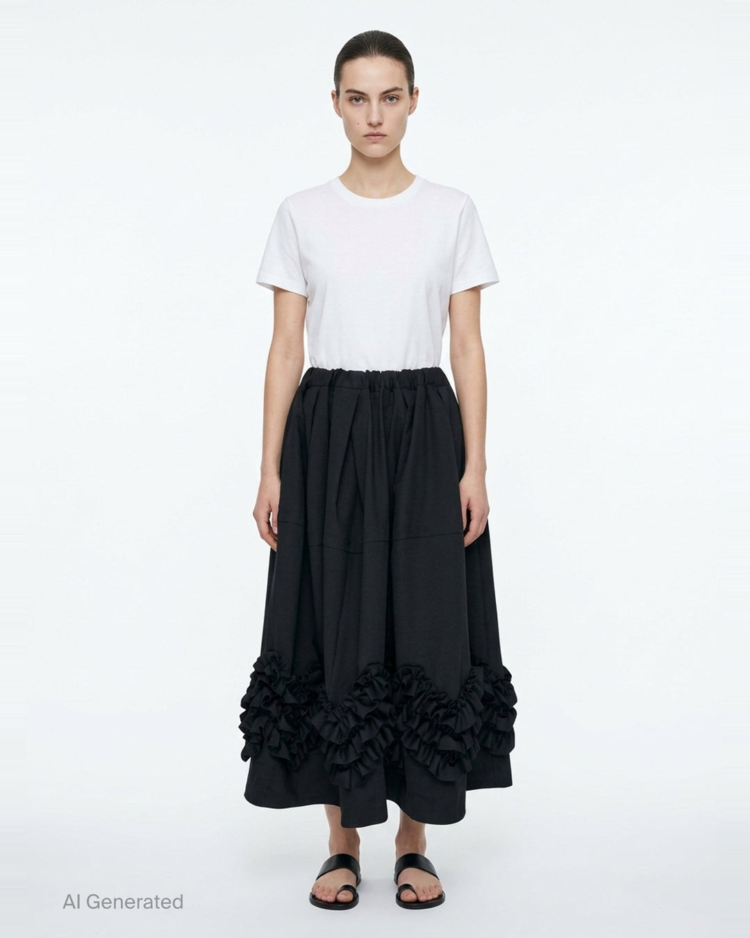 Comme des Garçons Comme des Garçons black balloon midi skirt with elasticated gathered waist, full pleated body, and dramatic multi-tiered ruffle hem trim - front