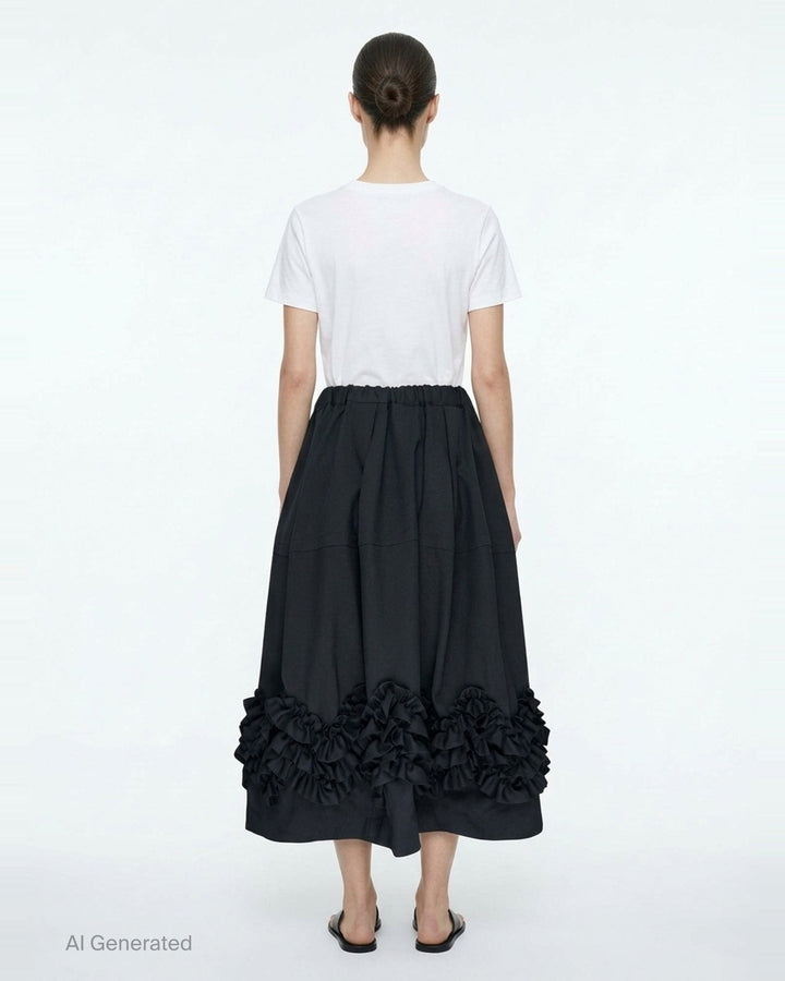 Comme des Garçons Comme des Garçons black balloon midi skirt with elasticated gathered waist, full pleated body, and dramatic multi-tiered ruffle hem trim - back