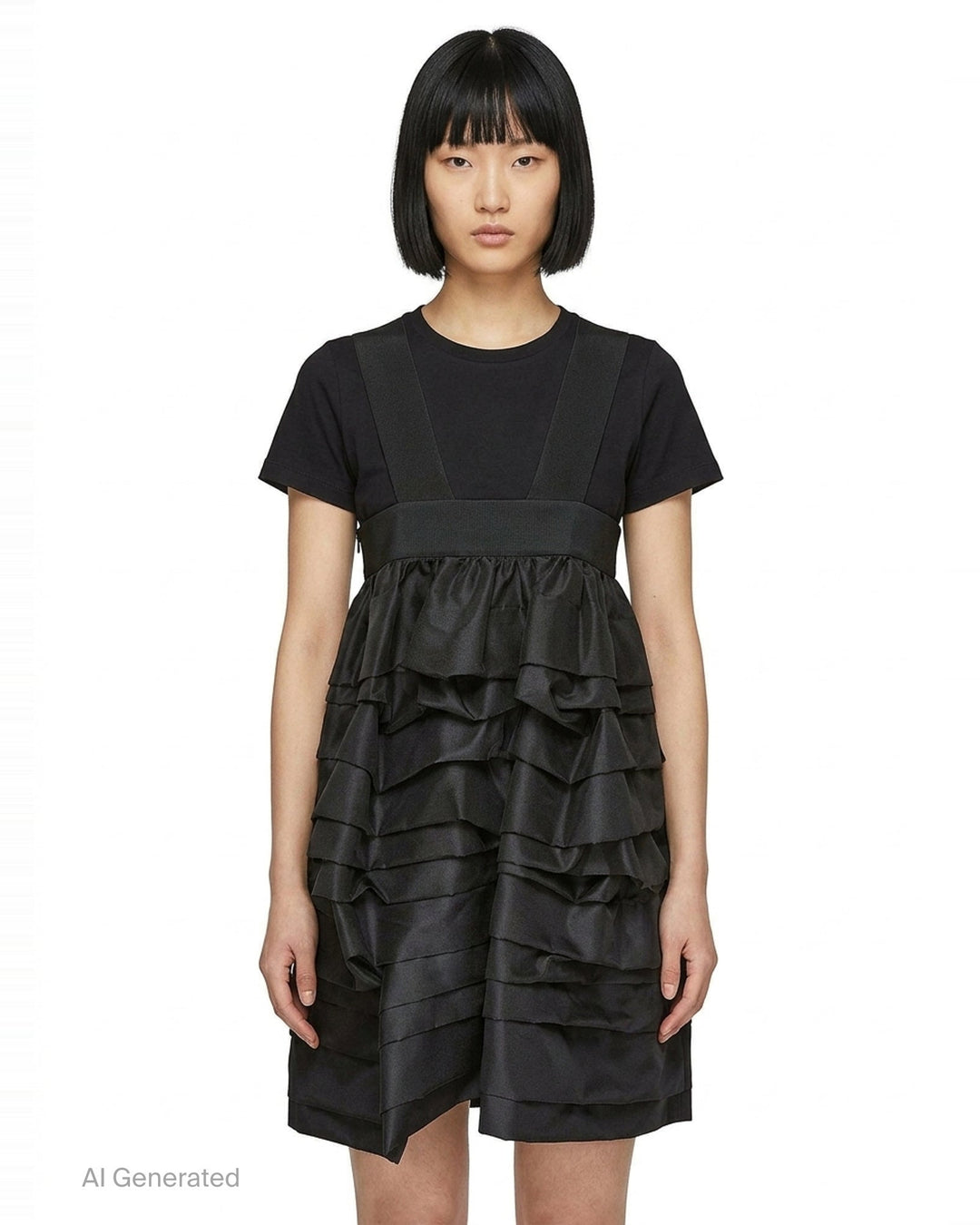 Comme des Garçons Comme des Garçons black crossover pinafore with cascading tiered ruffle skirt and structured waistband, shown from the back against a white background - front