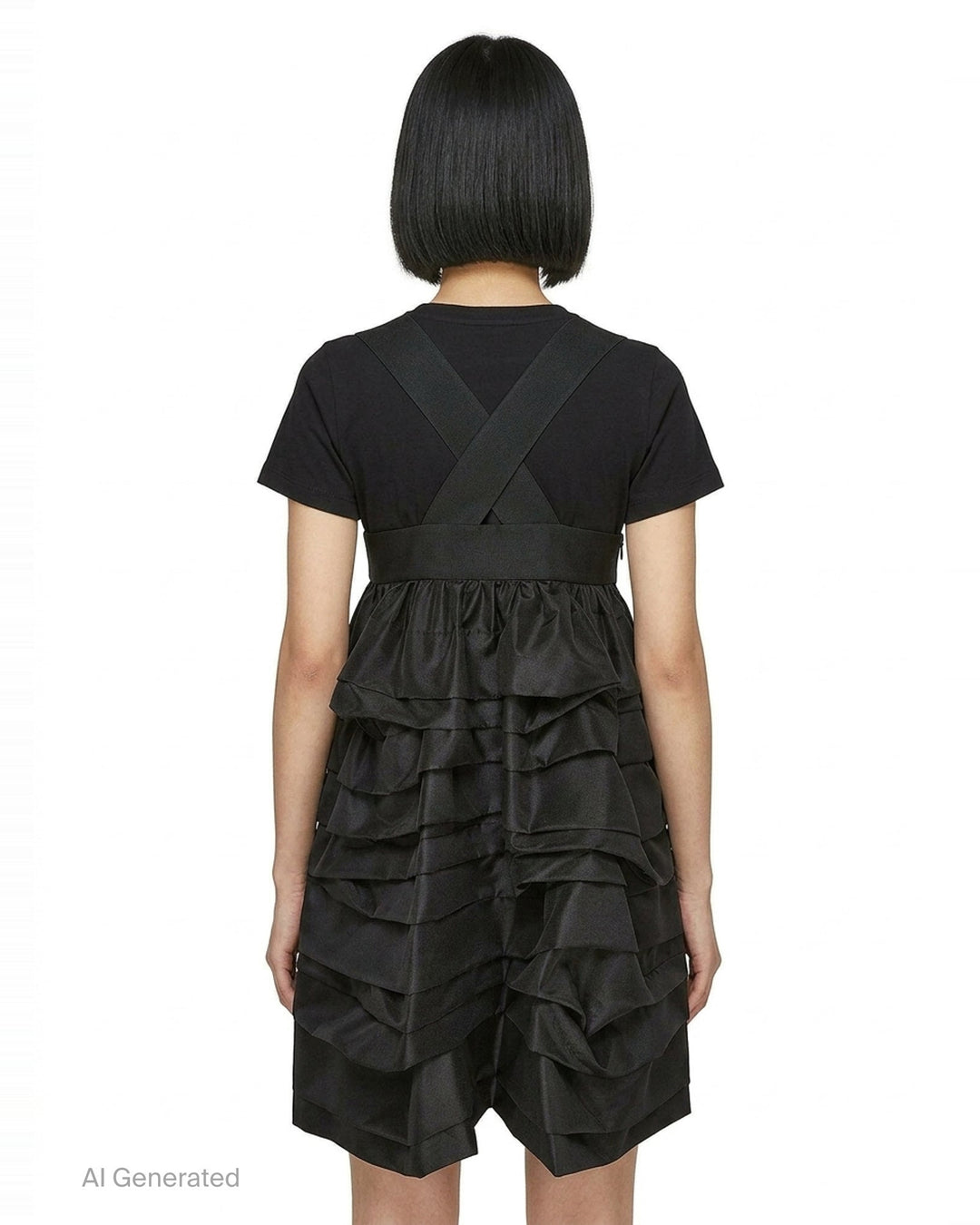 Comme des Garçons Comme des Garçons black crossover pinafore with cascading tiered ruffle skirt and structured waistband, shown from the back against a white background - back