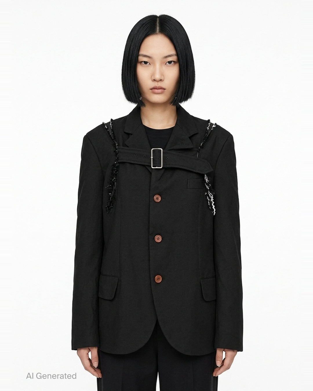 Comme des Garçons Comme des Garçons black deconstructed single-breasted blazer with cross-body harness buckle strap, frayed shoulder trim, and contrast brown buttons, shown on a flat lay against a white background - front