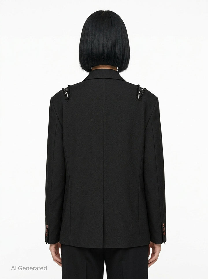 Comme des Garçons Comme des Garçons black deconstructed single-breasted blazer with cross-body harness buckle strap, frayed shoulder trim, and contrast brown buttons, shown on a flat lay against a white background - back