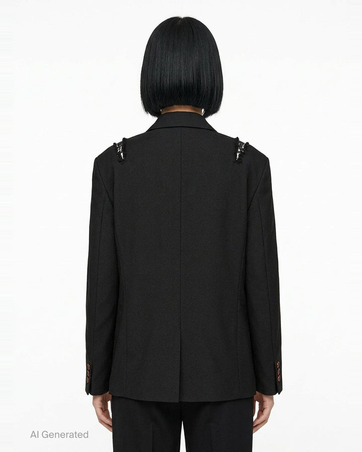 Comme des Garçons Comme des Garçons black deconstructed single-breasted blazer with cross-body harness buckle strap, frayed shoulder trim, and contrast brown buttons, shown on a flat lay against a white background - back