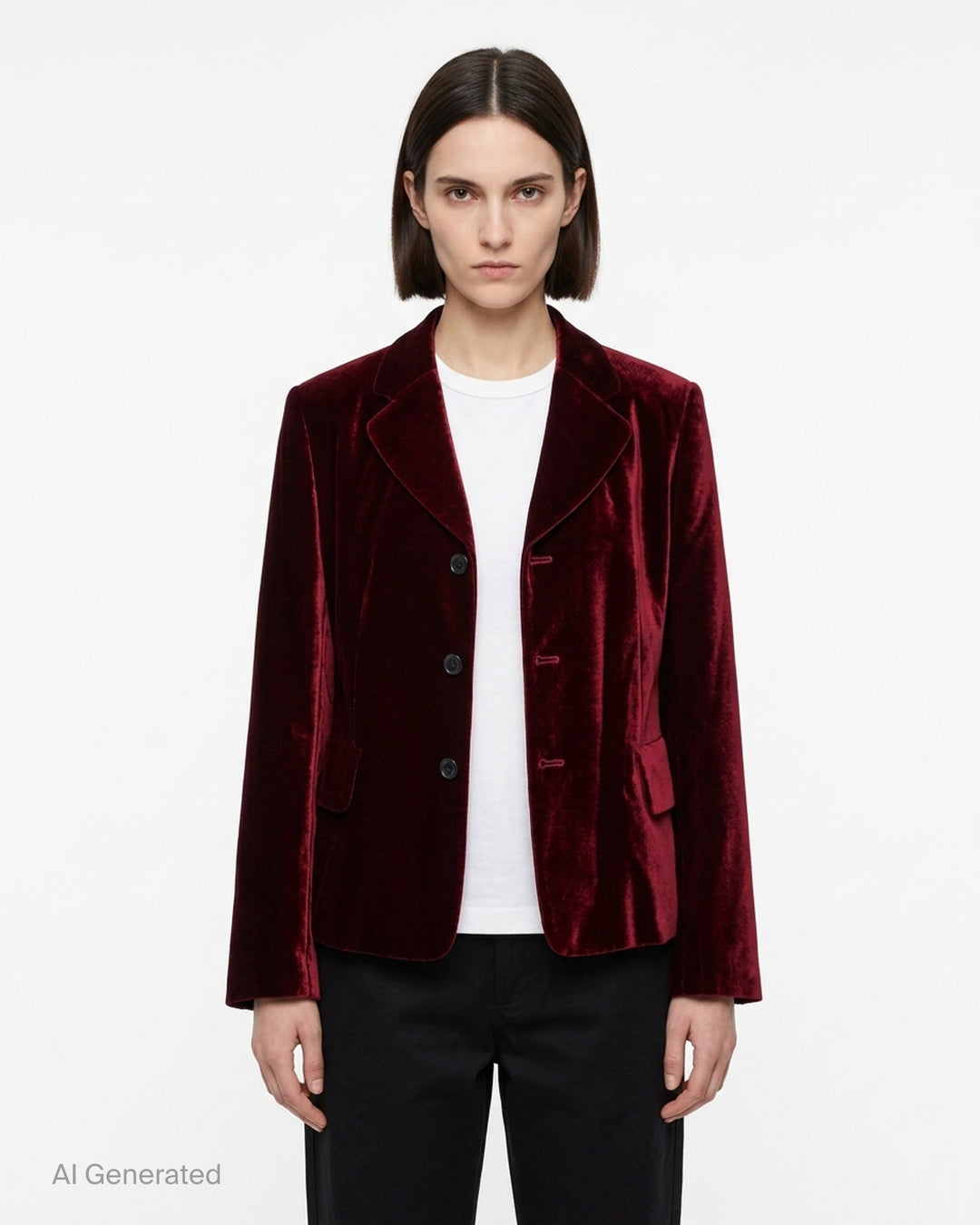 Burgundy velvet fitted button-up blazer with notch lapels, three buttons and flap pockets by Comme des Garçons Comme des Garçons - front