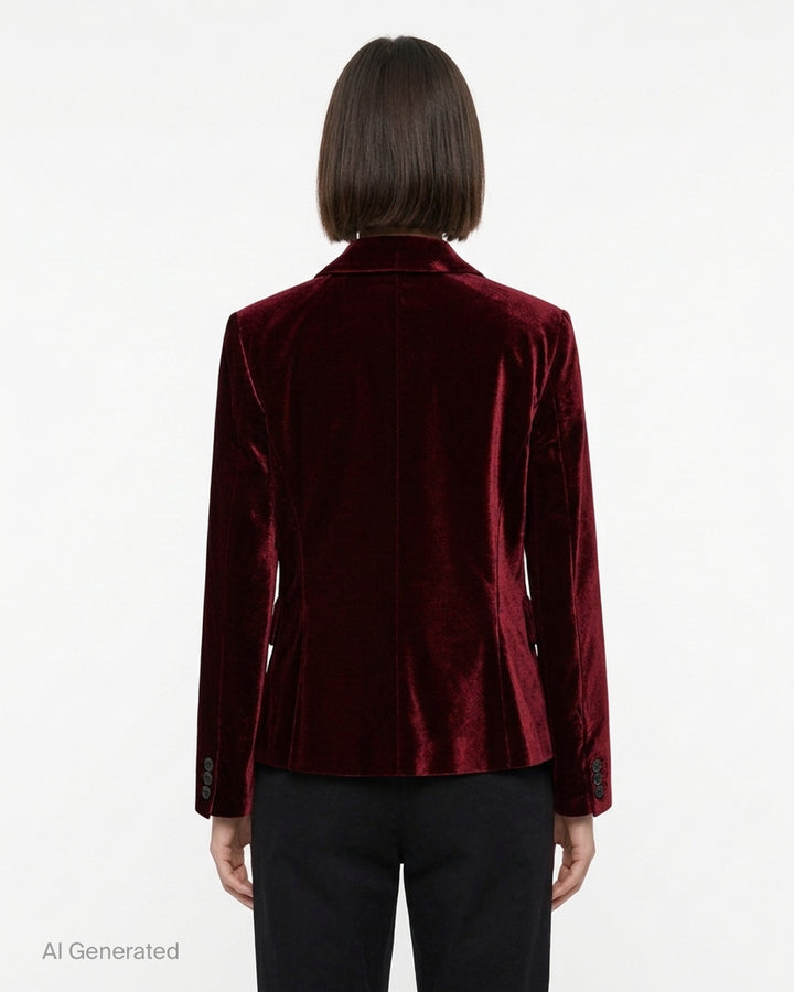 Burgundy velvet fitted button-up blazer with notch lapels, three buttons and flap pockets by Comme des Garçons Comme des Garçons - back