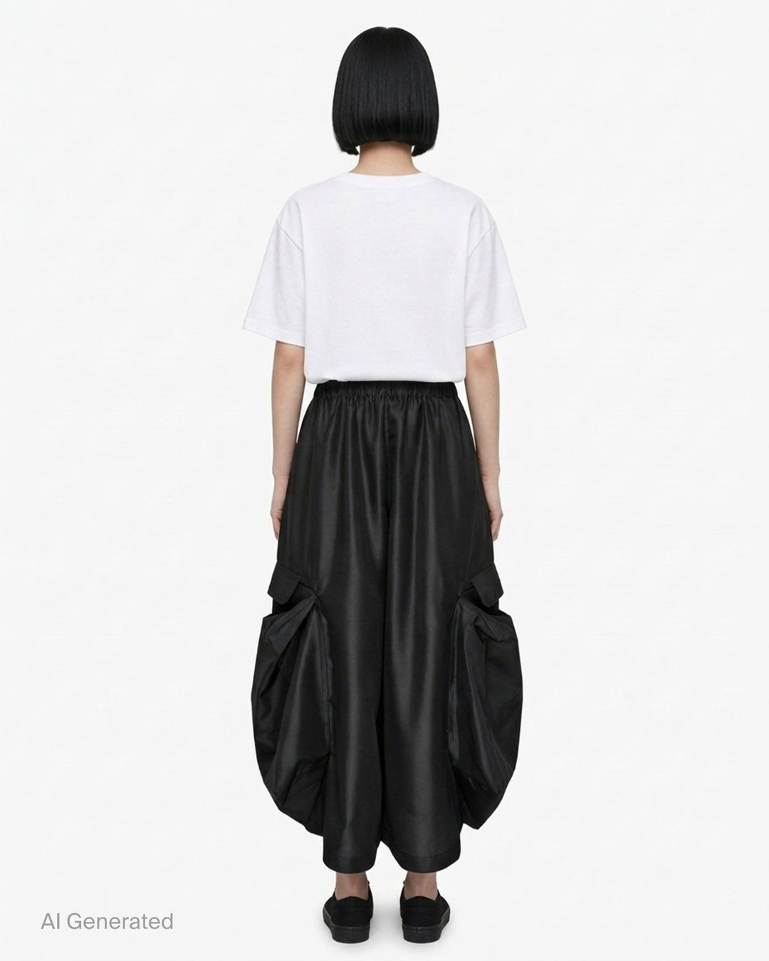 Black wide-leg pants with a gathered elastic waist and oversized draped cargo pockets by Comme des Garçons Comme des Garçons - back