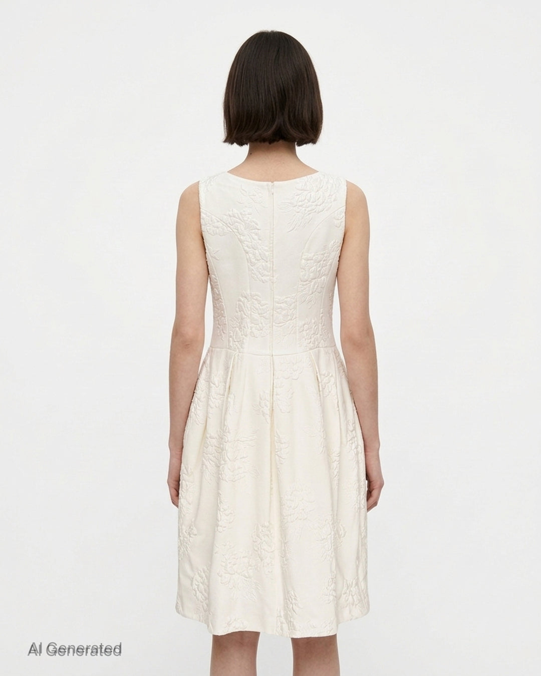 Cream sleeveless Comme des Garçons Comme des Garçons dress in raised floral jacquard with a fitted bodice and pleated skirt - back