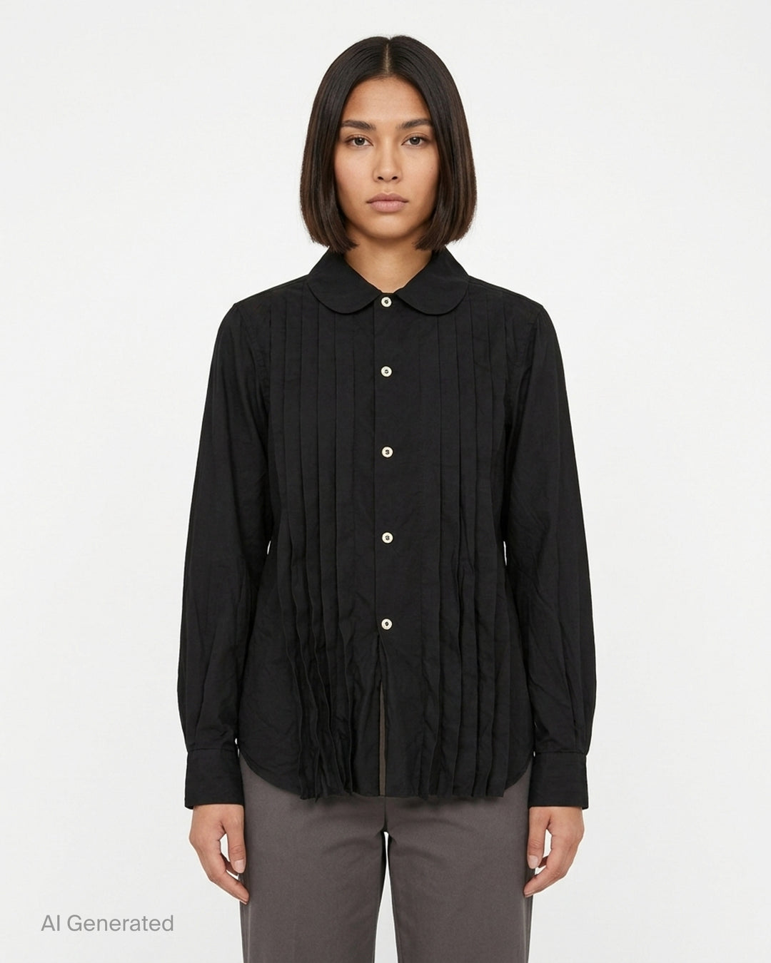 Black pleated button-down shirt with rounded collar, pale buttons and frayed pleated hem by Comme des Garçons Comme des Garçons - front