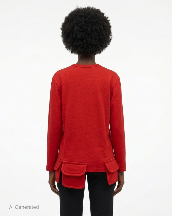 Red Comme des Garçons Comme des Garçons long sleeve jersey top with padded flap pockets and tie details along the asymmetric hem - back