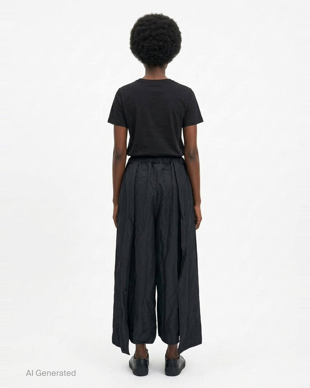 Comme des Garçons Comme des Garçons relaxed wide leg black drawstring pants with elasticated waistband and voluminous crinkled drape, shown flat on white background - back
