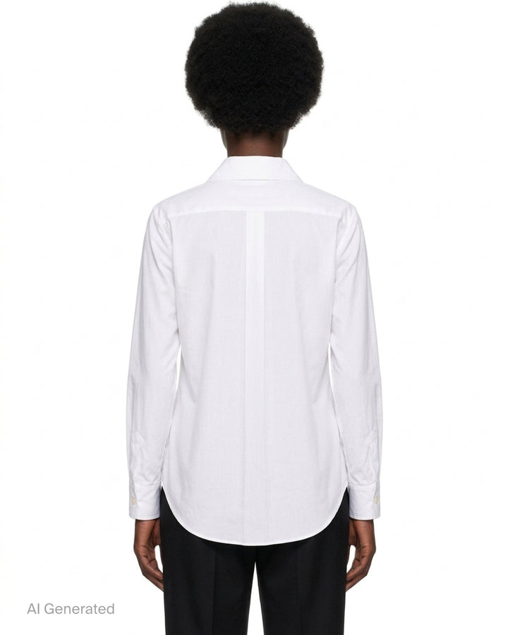 Red semi-sheer Comme des Garçons Comme des Garçons button-down shirt with a rounded collar, white buttons and a chest pocket - back