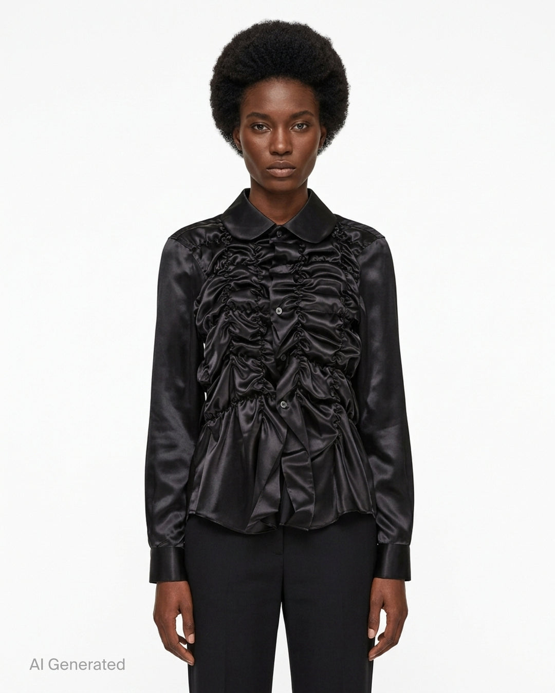 Black satin long sleeve blouse with a round collar and ruched gathered front bodice by Comme des Garçons Comme des Garçons - front