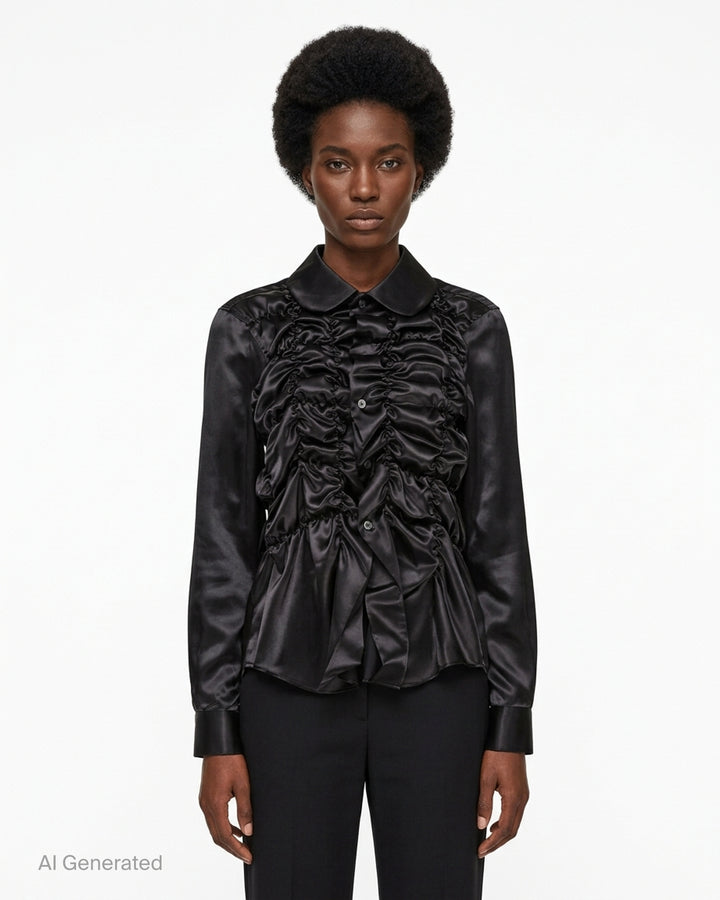 Black satin long sleeve blouse with a round collar and ruched gathered front bodice by Comme des Garçons Comme des Garçons - front