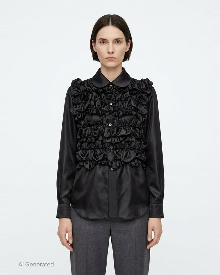 Comme des Garçons Comme des Garçons black satin blouse with dramatic tiered gathered ruffle bib front, long sleeves, point collar, and button fastening, on a white background - front