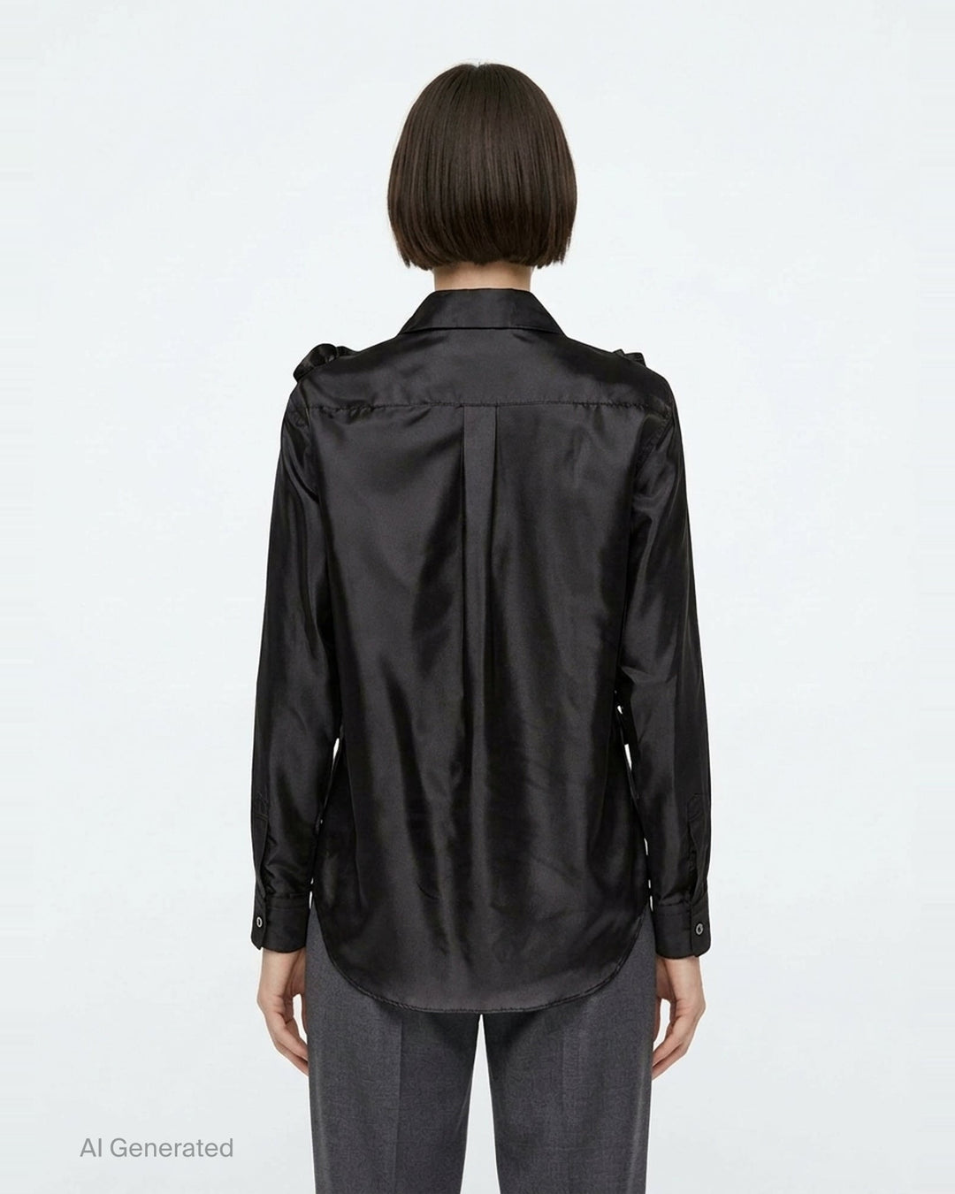 Comme des Garçons Comme des Garçons black satin blouse with dramatic tiered gathered ruffle bib front, long sleeves, point collar, and button fastening, on a white background - back