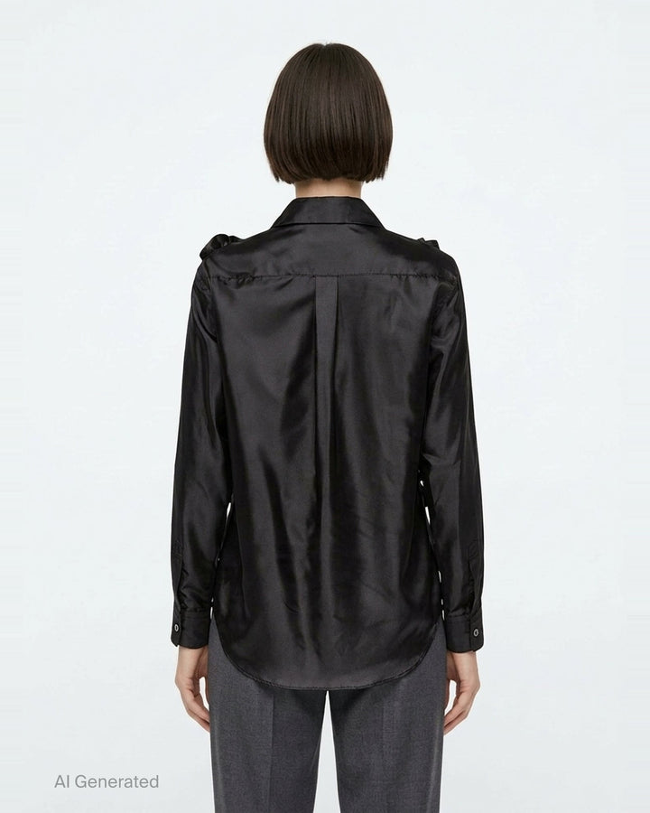 Comme des Garçons Comme des Garçons black satin blouse with dramatic tiered gathered ruffle bib front, long sleeves, point collar, and button fastening, on a white background - back
