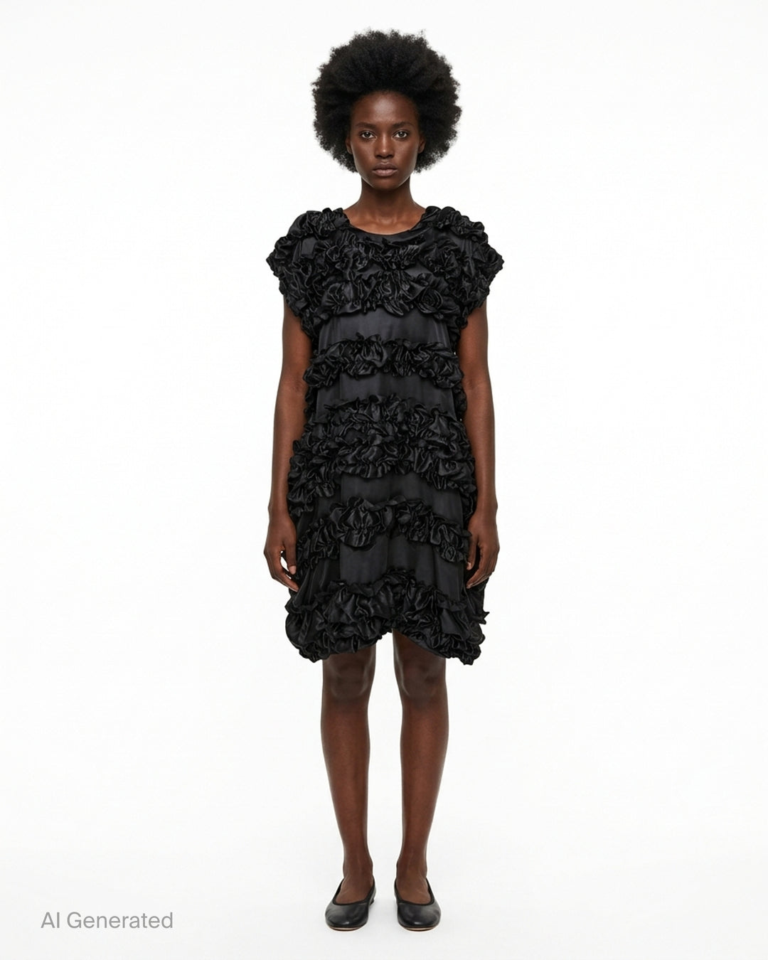 Black sleeveless dress with tiered gathered satin ruffles over a sheer base, by Comme des Garçons Comme des Garçons - front