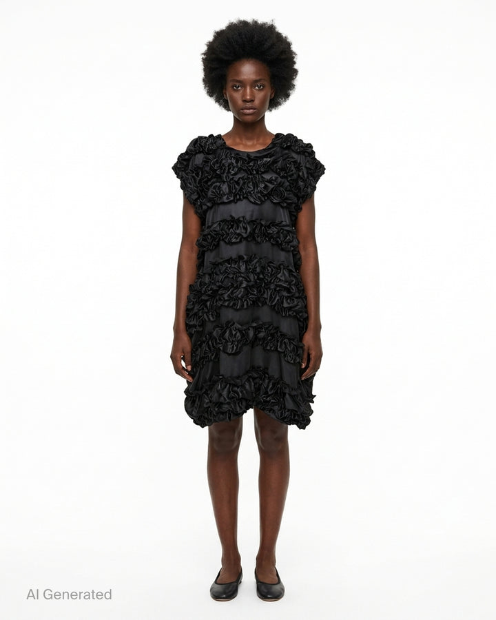 Black sleeveless dress with tiered gathered satin ruffles over a sheer base, by Comme des Garçons Comme des Garçons - front