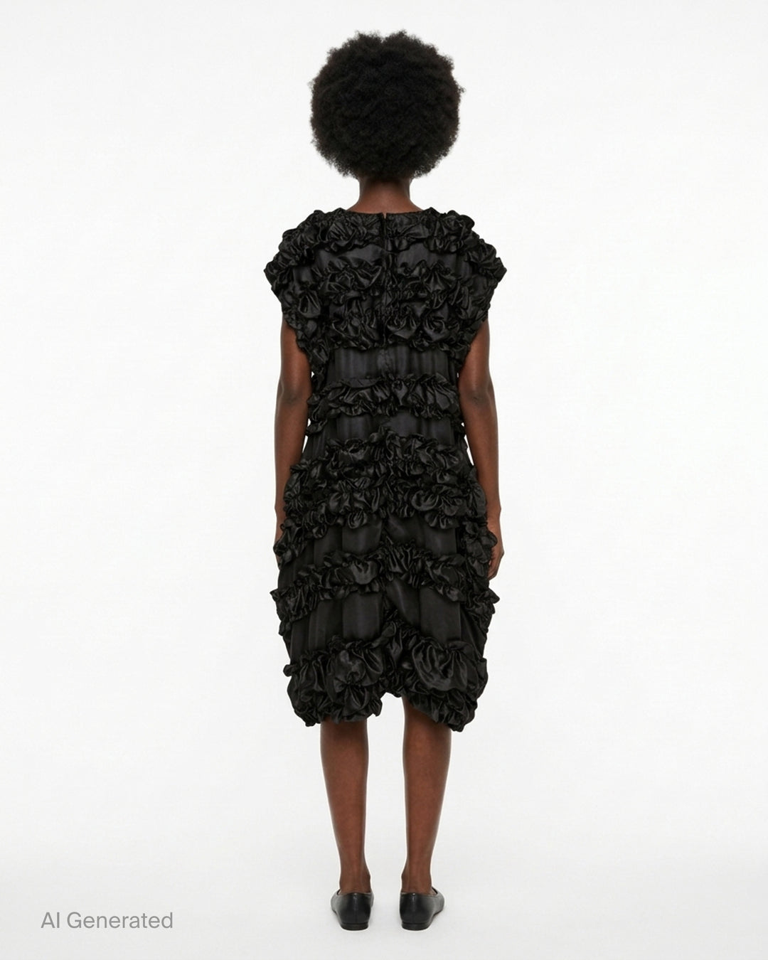Black sleeveless dress with tiered gathered satin ruffles over a sheer base, by Comme des Garçons Comme des Garçons - back