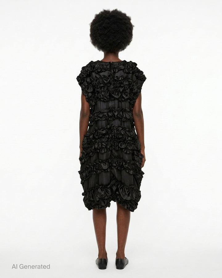 Black sleeveless dress with tiered gathered satin ruffles over a sheer base, by Comme des Garçons Comme des Garçons - back