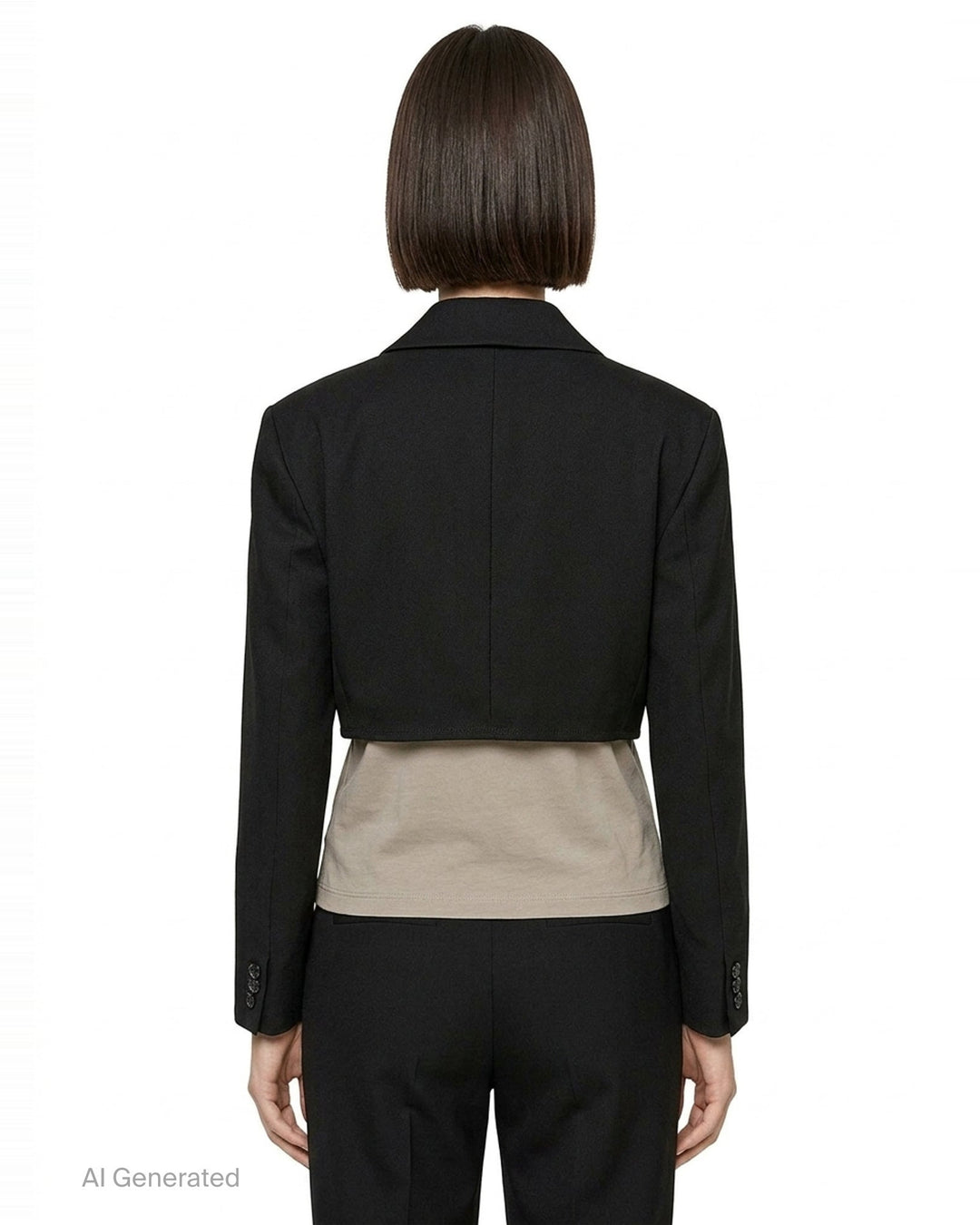 Comme des Garçons black sculptural asymmetric blazer with deconstructed layered lapels, mother-of-pearl buttons, and asymmetric hem revealing satin lining, photographed flat on white background - back