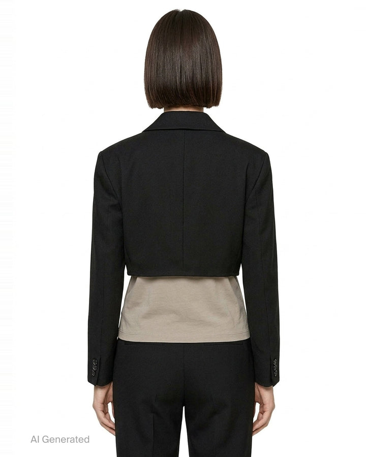 Comme des Garçons black sculptural asymmetric blazer with deconstructed layered lapels, mother-of-pearl buttons, and asymmetric hem revealing satin lining, photographed flat on white background - back