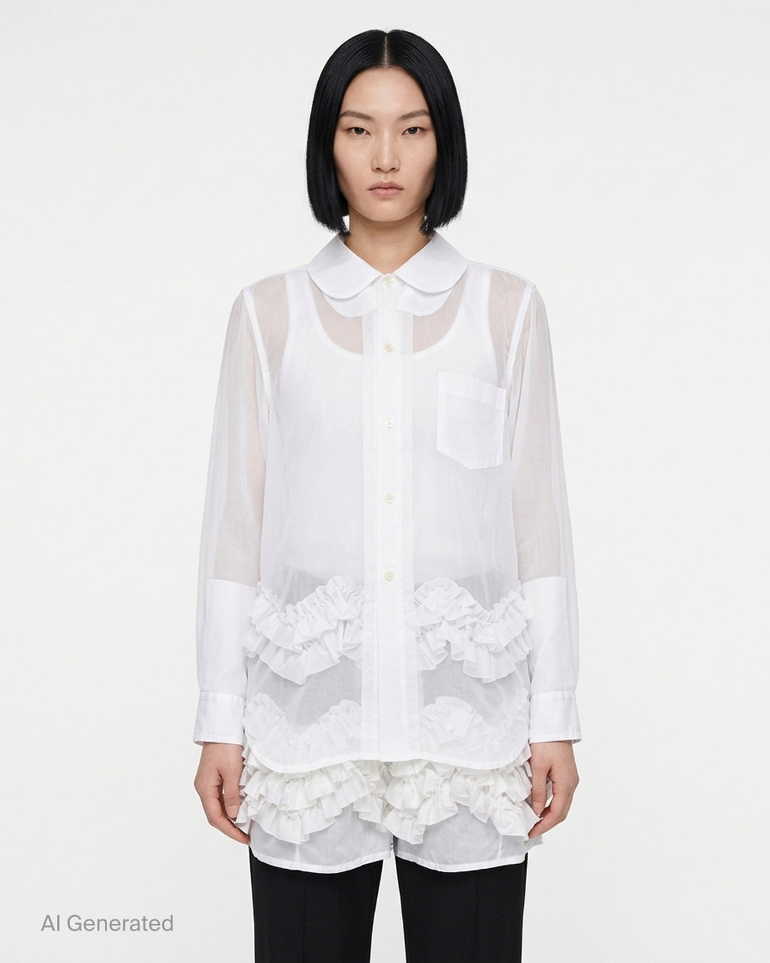 Black sheer organza longline blouse with a rounded collar, button front and gathered taffeta ruffles at the hem by Comme des Garçons Comme des Garçons - front