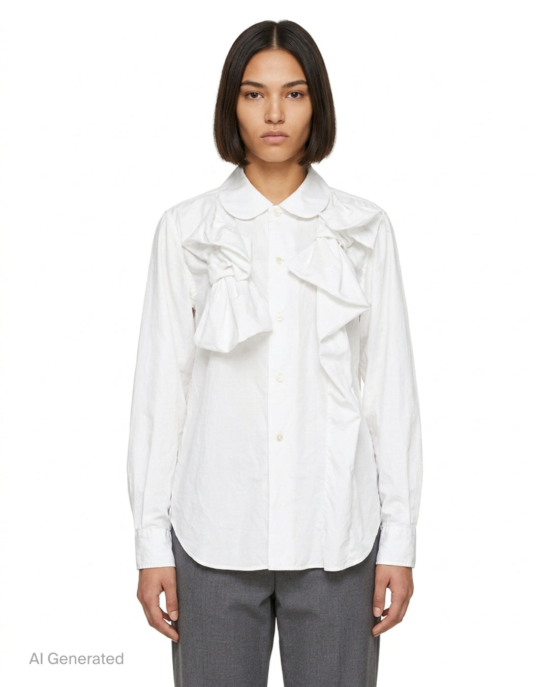 Black sheer button-up shirt with ruched gathered sleeve panels and a chest pocket by Comme des Garçons - front