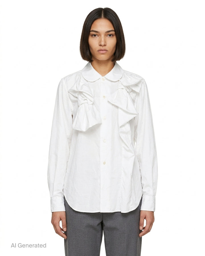 Black sheer button-up shirt with ruched gathered sleeve panels and a chest pocket by Comme des Garçons - front