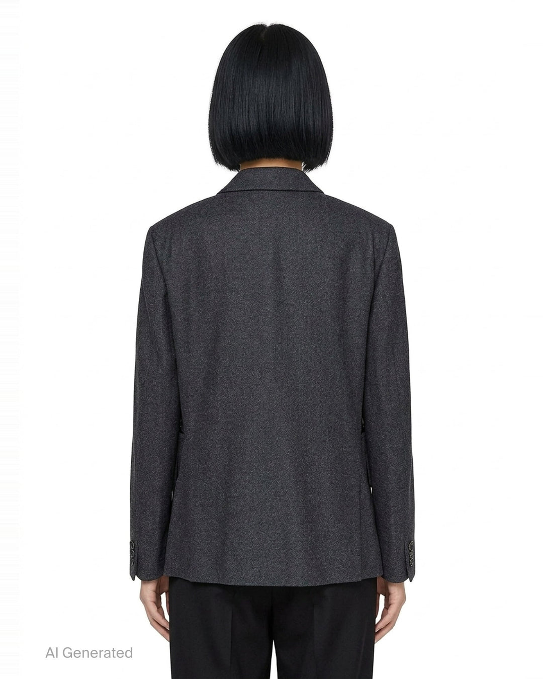 Comme des Garçons Comme des Garçons charcoal grey single-breasted tailored blazer with deconstructed double-lapel detail and three-button closure, styled flat on a white background - back
