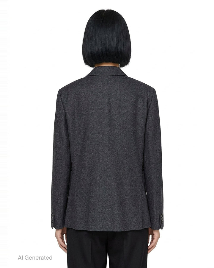 Comme des Garçons Comme des Garçons charcoal grey single-breasted tailored blazer with deconstructed double-lapel detail and three-button closure, styled flat on a white background - back
