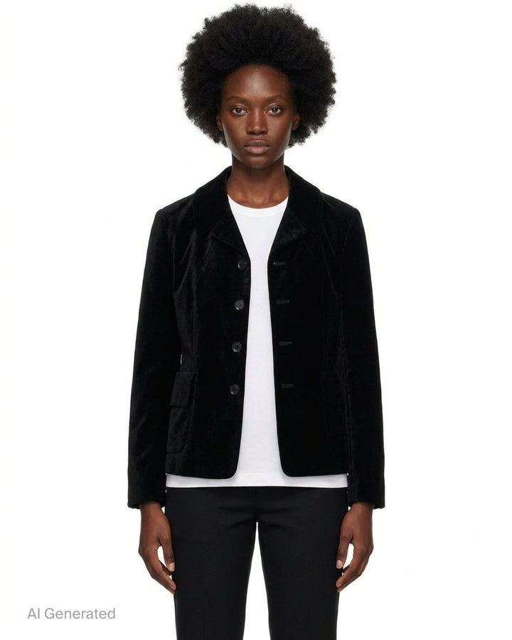 Black velvet tailored jacket with rounded collar, four-button front and two patch pockets by Comme des Garçons Comme des Garçons - front