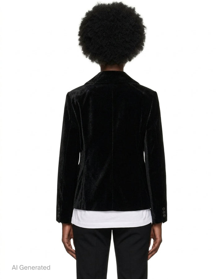 Black velvet tailored jacket with rounded collar, four-button front and two patch pockets by Comme des Garçons Comme des Garçons - back